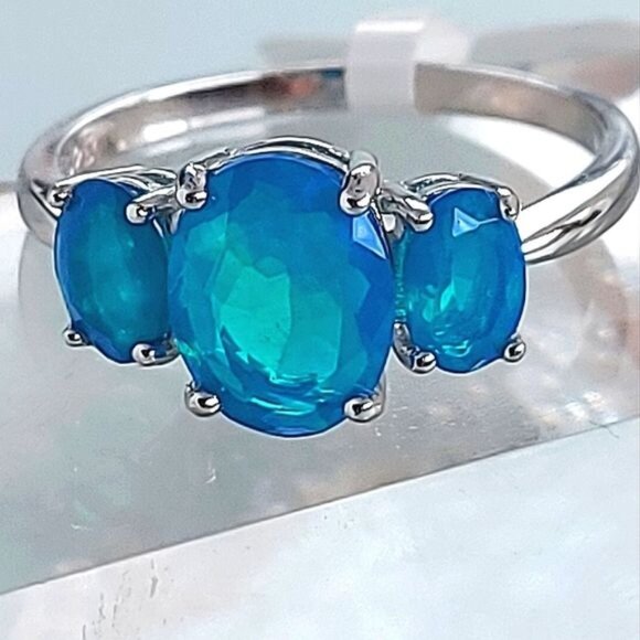 Natural Blue Fire Opal 925 Sterling Silver Ring - Picture 1 of 6